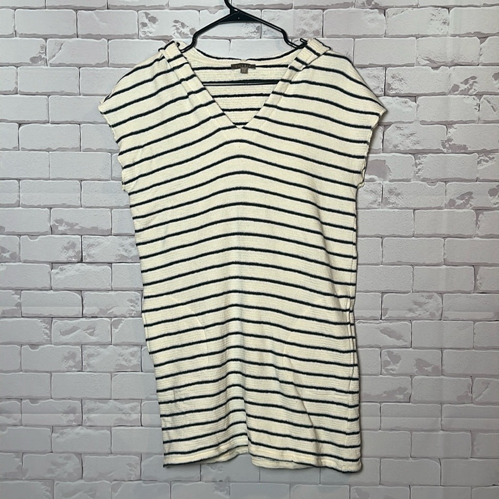 Lilla P Navy and Cream Women’s Stripe Knit Dress hooded pockets cotton small